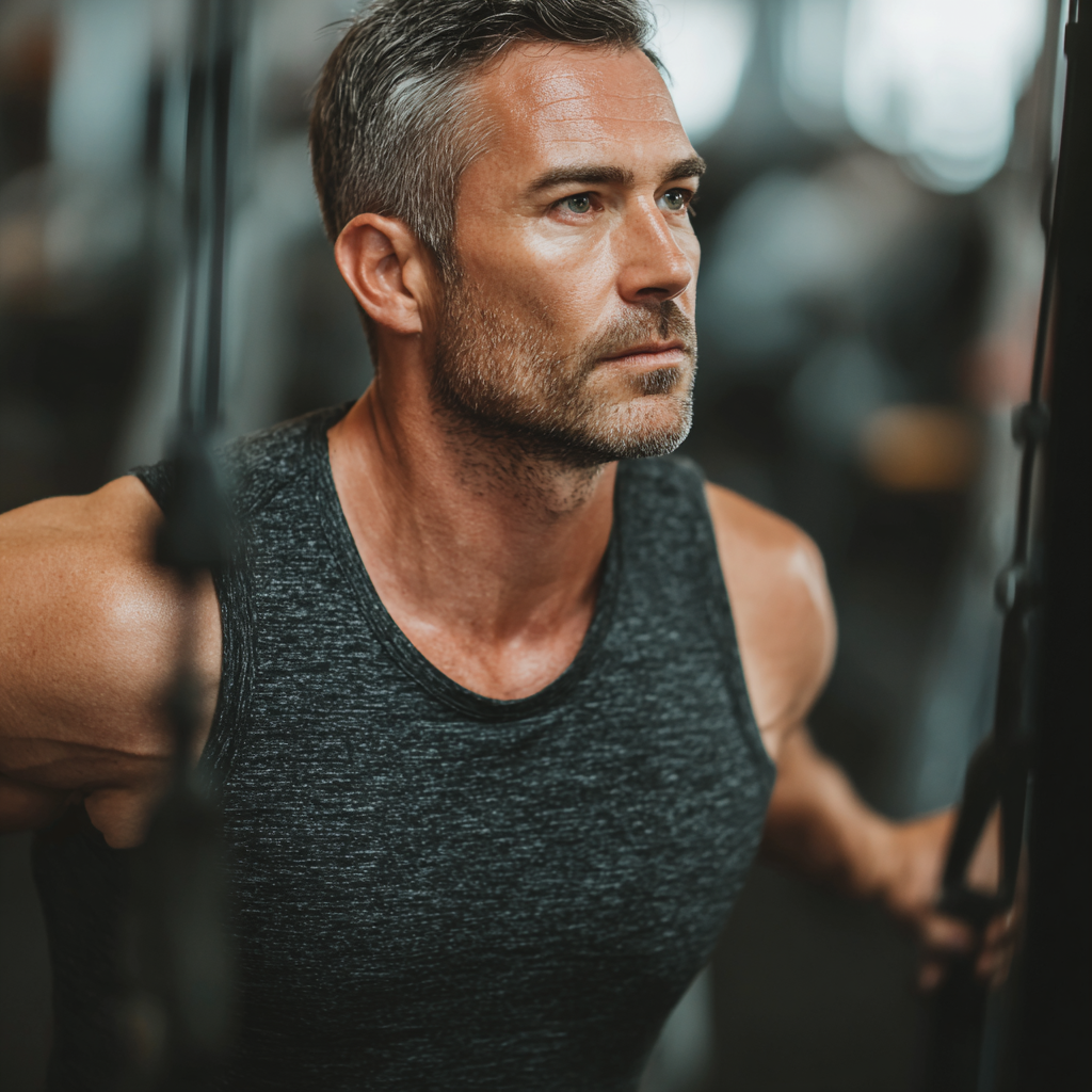 Confident middle-aged Ukrainian woman in athletic wear smiling during workout