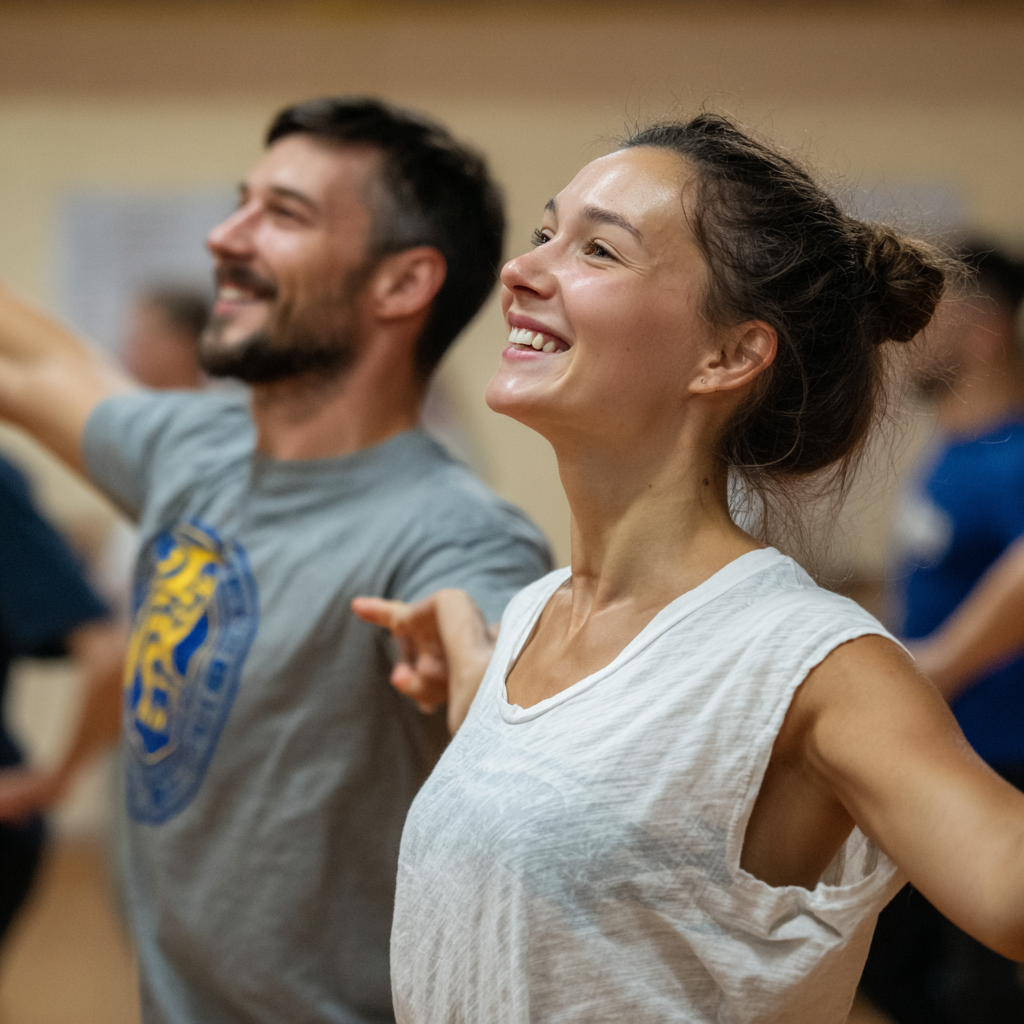 Smiling mature Ukrainian man demonstrating proper exercise form with professional equipment